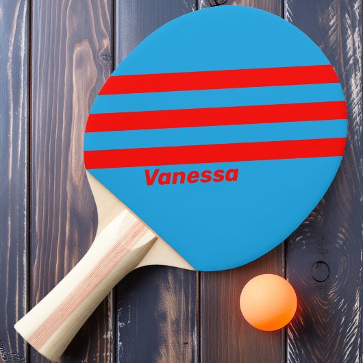 Retro Elektrisch Blauw Rood Drie Strepen Met Naam Tafeltennisbatje
