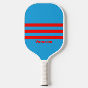 Retro Elektrisch Blauw Rood Drie Strepen Naam Pickleball Paddle