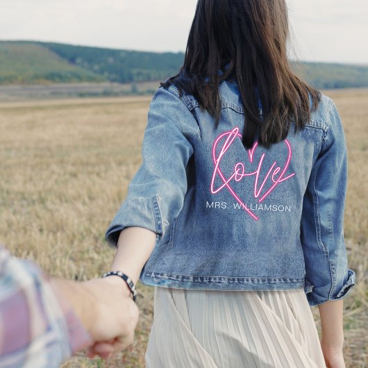 Retro Elektrische Liefde Neon Roze Hart Bruiden Na Denim Jacket
