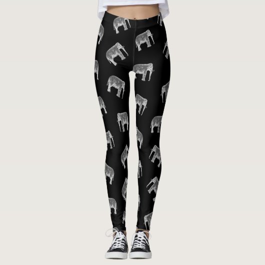 Retro Elephant Print Patroon Zwart-wit ontwerp Leggings (Voorkant)