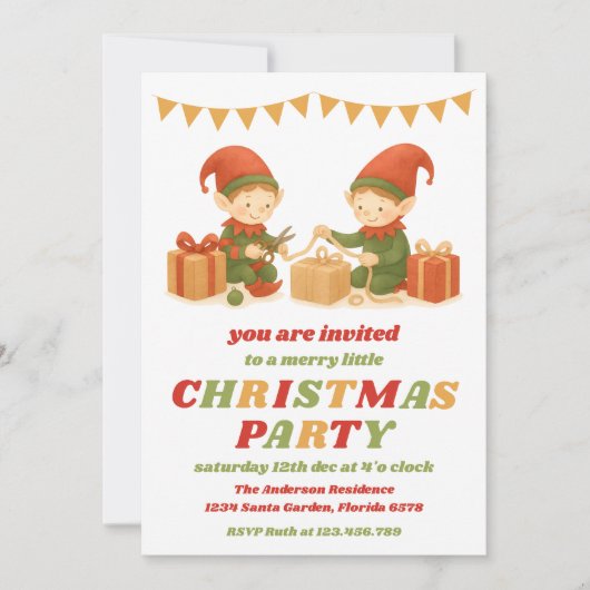 Retro Elf Editable Christmas Party Kaart (Voorkant)