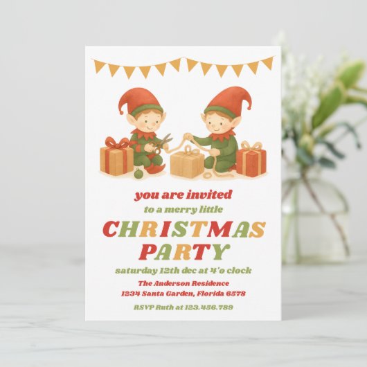 Retro Elf Editable Christmas Party Kaart (Staand voorkant)