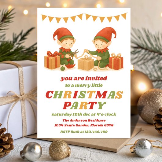 Retro Elf Editable Christmas Party Kaart