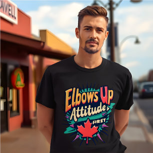 Retro ellebogen omhoog, houding eerst zwart t-shirt