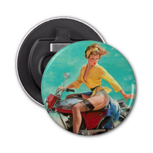 Retro Elvgren Motorfiets Biker Pin-UP Meisje Button Flesopener