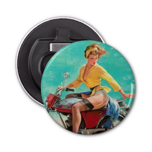  Retro Elvgren Motorfiets Biker Pin-UP Meisje Button Flesopener (Voorkant)
