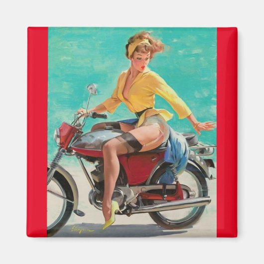 Retro Elvgren Motorfiets Biker Pin-UP Meisje Magneet (Voorkant)
