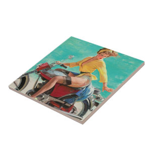Retro Elvgren Motorfiets Biker Pin-UP Meisje Tegeltje