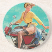  Retro Elvgren Motorfiets Biker Pin-UP Meisje Zandsteen Onderzetter (Voorkant)