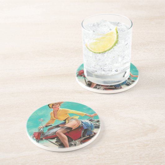  Retro Elvgren Motorfiets Biker Pin-UP Meisje Zandsteen Onderzetter (Zijkant)