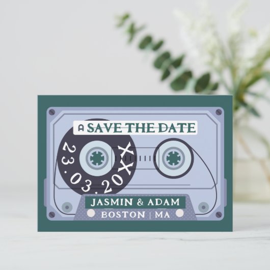 Retro Emerald Groen Cassettebandje Bruiloft Save The Date (Staand voorkant)