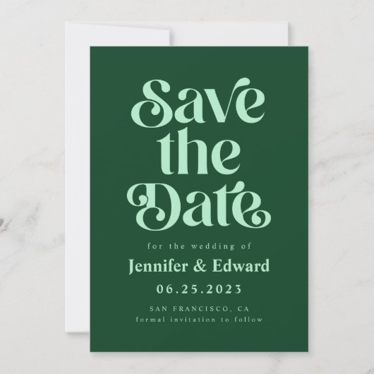 Retro Emerald Groene Bruiloft Save The Date (Voorkant)