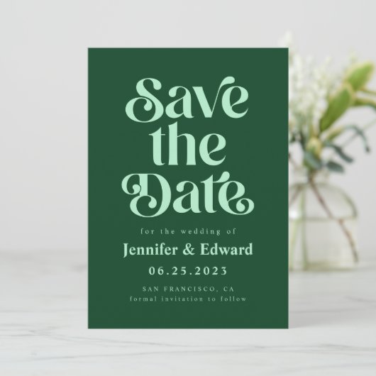 Retro Emerald Groene Bruiloft Save The Date (Staand voorkant)