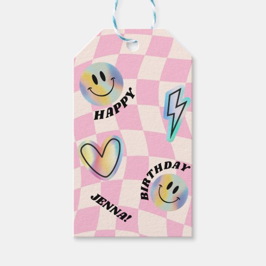 Retro Emoji Glimlach Verjaardag voor Meisjes Cadeaulabel (Voorkant)