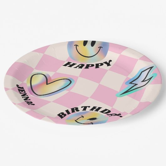 Retro Emoji Glimlach Verjaardag voor Meisjes Papieren Bordje (Gekanteld)
