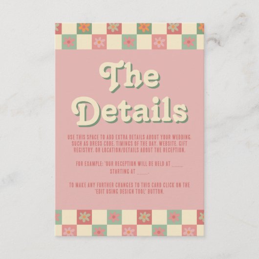 Retro en Groovy 70s Wedding Details Informatiekaartje (Voorkant)