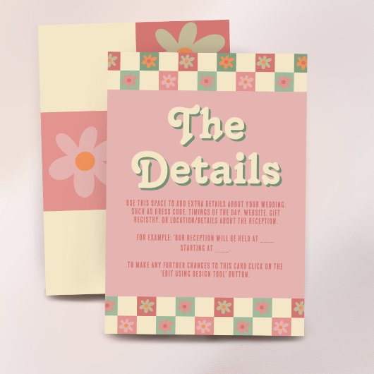 Retro en Groovy 70s Wedding Details Informatiekaartje