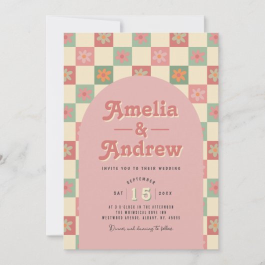 Retro en Groovy Floral 1970s Huwelijksuitnodiging Kaart (Voorkant)