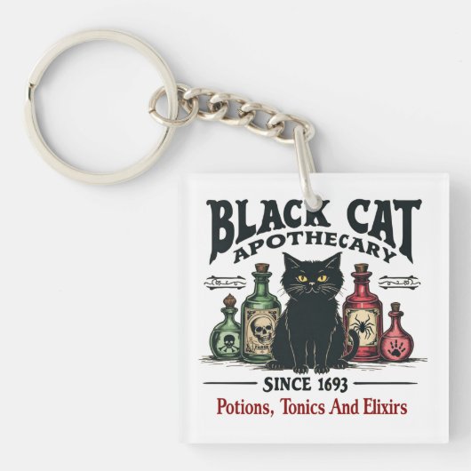 Retro Enge Zwarte Kat Apotheker Witchy Wicca Sleutelhanger (Voorkant)