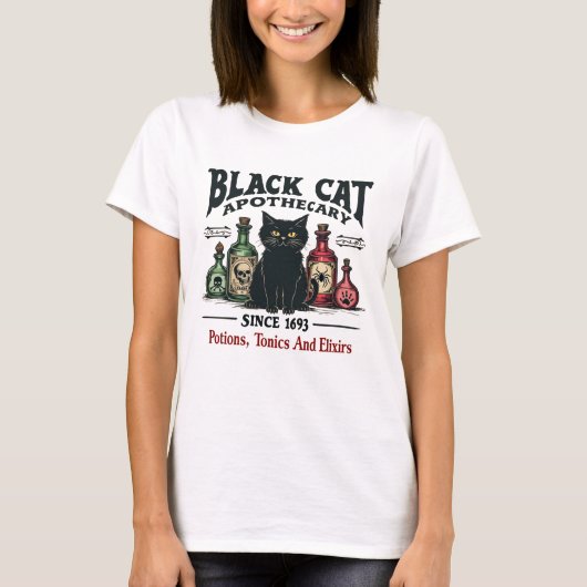 Retro Enge Zwarte Kat Apotheker Witchy Wicca T-shirt (Voorkant)
