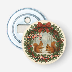Retro Engelse Kerstkrans Met Cute Eekhoorns Button Flesopener