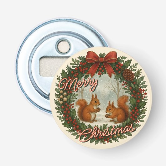 Retro Engelse Kerstkrans Met Cute Eekhoorns Button Flesopener (Voorkant)