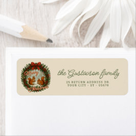 Retro Engelse Kerstkrans Met Cute Eekhoorns Etiket