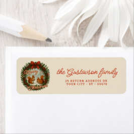Retro Engelse Kerstkrans Met Cute Eekhoorns Etiket