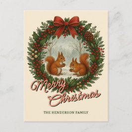 Retro Engelse Kerstkrans Met Cute Eekhoorns Feestdagenkaart