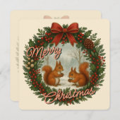 Retro Engelse Kerstkrans met Cute Eekhoorns Feestdagenkaart (Voorkant / Achterkant)