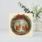 Retro Engelse Kerstkrans met Cute Eekhoorns Feestdagenkaart (Staand voorkant)