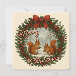 Retro Engelse Kerstkrans Met Cute Eekhoorns Feestdagenkaart