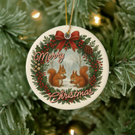 Retro Engelse Kerstkrans Met Cute Eekhoorns Keramisch Ornament