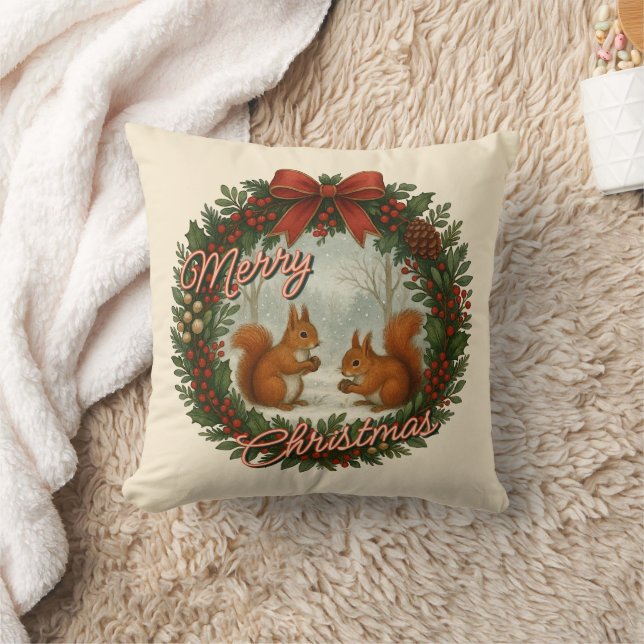 Retro Engelse Kerstkrans Met Cute Eekhoorns Kussen (Deken)