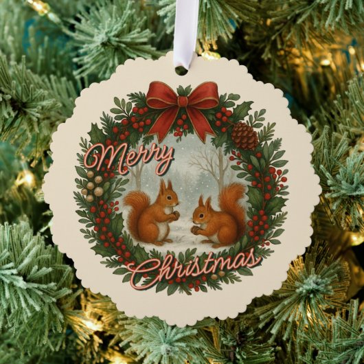 Retro Engelse Kerstkrans Met Cute Eekhoorns Ornament Kaart (Insitu (Drie))