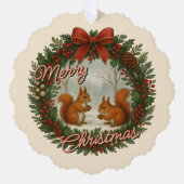 Retro Engelse Kerstkrans Met Cute Eekhoorns Ornament Kaart (Voorkant)