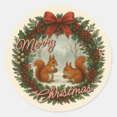 Retro Engelse Kerstkrans Met Cute Eekhoorns Ronde Sticker (Voorkant)