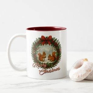 Retro Engelse Kerstkrans Met Cute Eekhoorns Tweekleurige Koffiemok