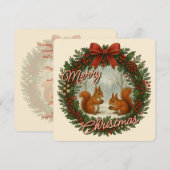 Retro Engelse Kerstkrans met Moppige Eekhoorns Feestdagenkaart (Voorkant / Achterkant)