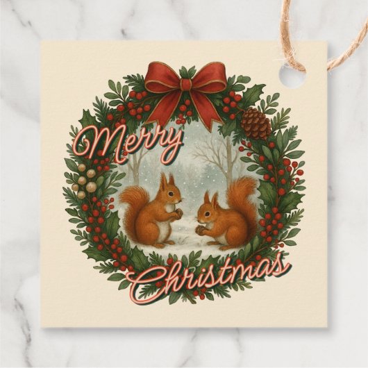 Retro Engelse vakantiekrans met Schattigee eekhoor Bedankjes Labels (Achterkant)