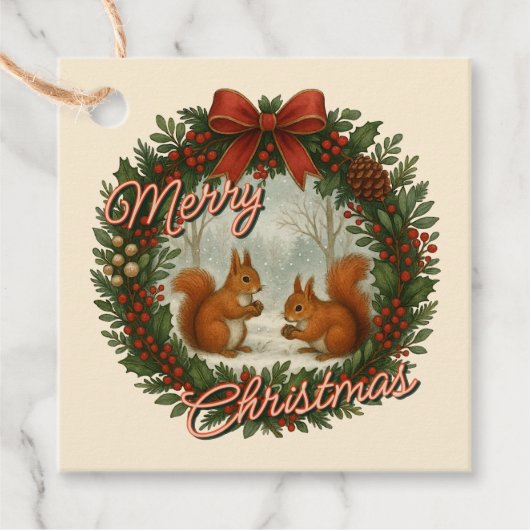 Retro Engelse vakantiekrans met Schattigee eekhoor Bedankjes Labels (Voorkant)