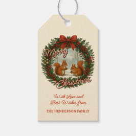 Retro Engelse vakantiekrans met Schattigee eekhoor Cadeaulabel