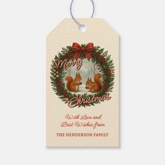 Retro Engelse vakantiekrans met Schattigee eekhoor Cadeaulabel (Voorkant)