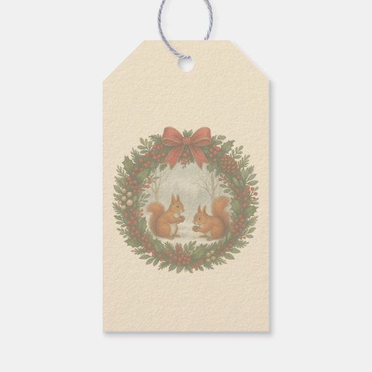 Retro Engelse vakantiekrans met Schattigee eekhoor Cadeaulabel (Achterkant)