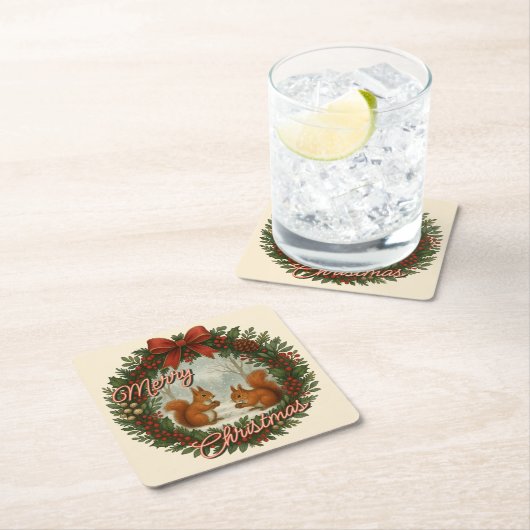 Retro Engelse vakantiekrans met Schattigee eekhoor Kartonnen Onderzetters (Insitu)