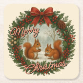 Retro Engelse vakantiekrans met Schattigee eekhoor Kartonnen Onderzetters (Voorkant)