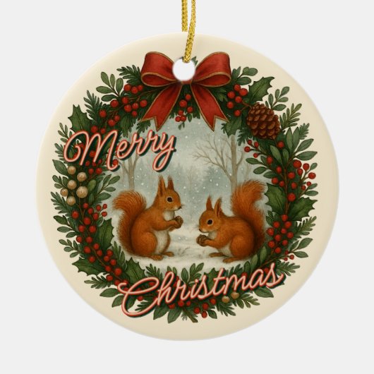 Retro Engelse vakantiekrans met Schattigee eekhoor Keramisch Ornament (Voorkant)