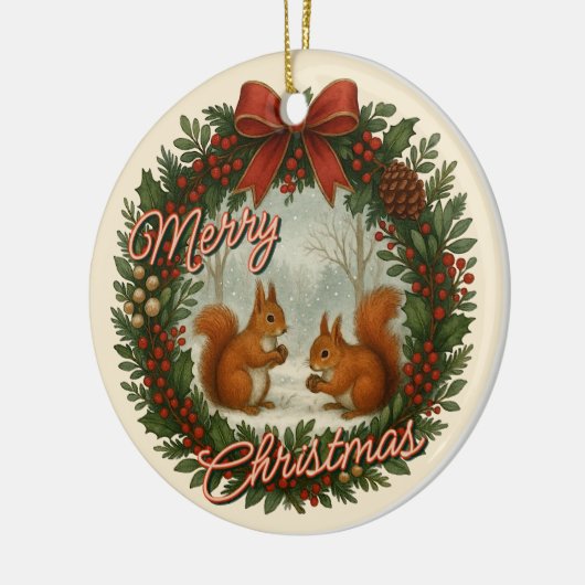 Retro Engelse vakantiekrans met Schattigee eekhoor Keramisch Ornament (Links)