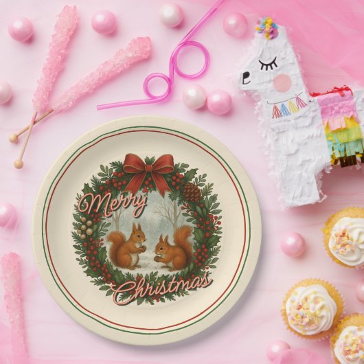 Retro Engelse vakantiekrans met Schattigee eekhoor Papieren Bordje (Feest)