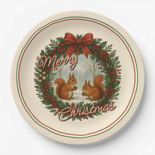 Retro Engelse vakantiekrans met Schattigee eekhoor Papieren Bordje (Voorkant)